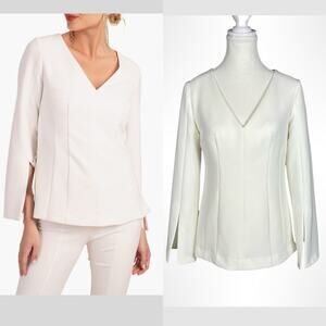 TRINA TURK Legendary Womens 0 White Top Blouse Zip Back V Neck Long Sleeve Slits